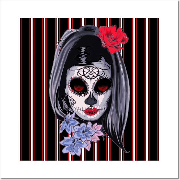 Red White and Black Striped Graphic & makeup mask,floral,flower skull Wall Art by SAM DLS